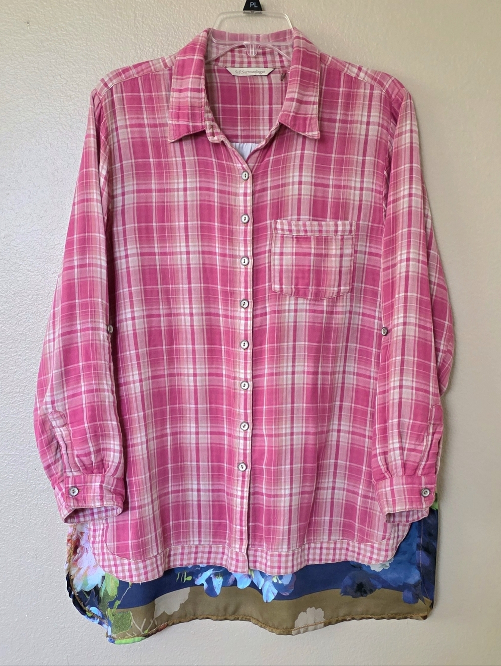 Soft Surroundings Pink Plaid Chiffon Floral Back Button Down Shirt - Size Large